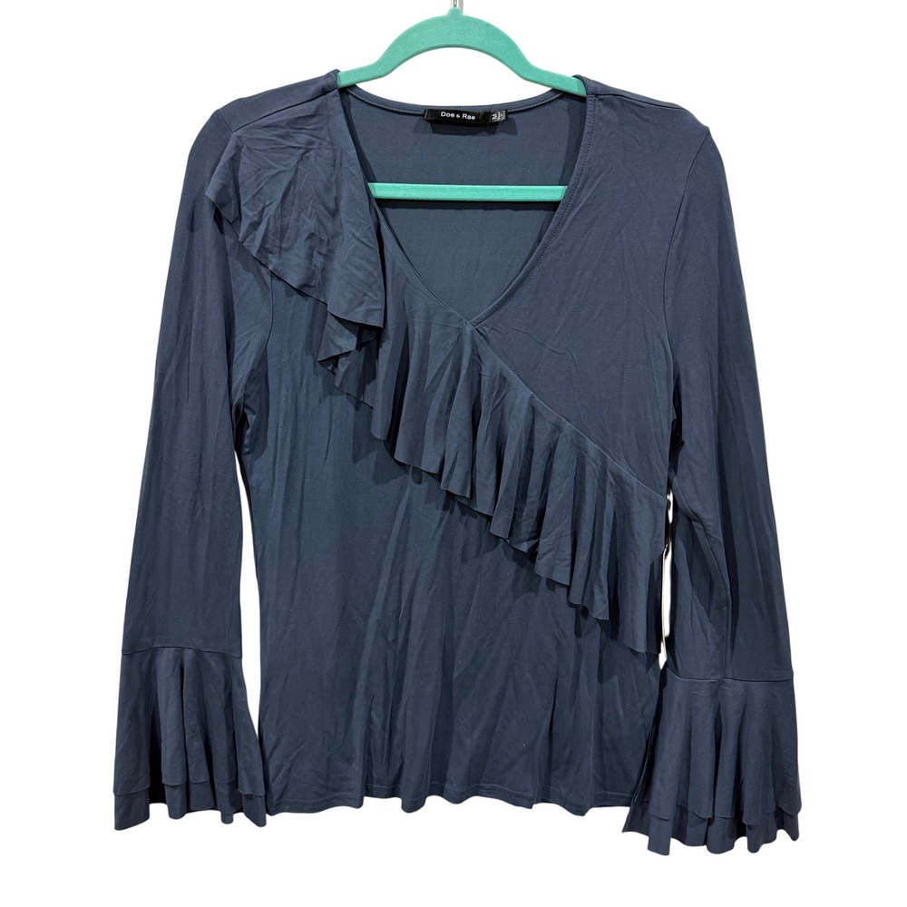 Doe & Rae Slate Blue Ruffle V-Neck Bell Sleeve Top 9303T-1 New Medium